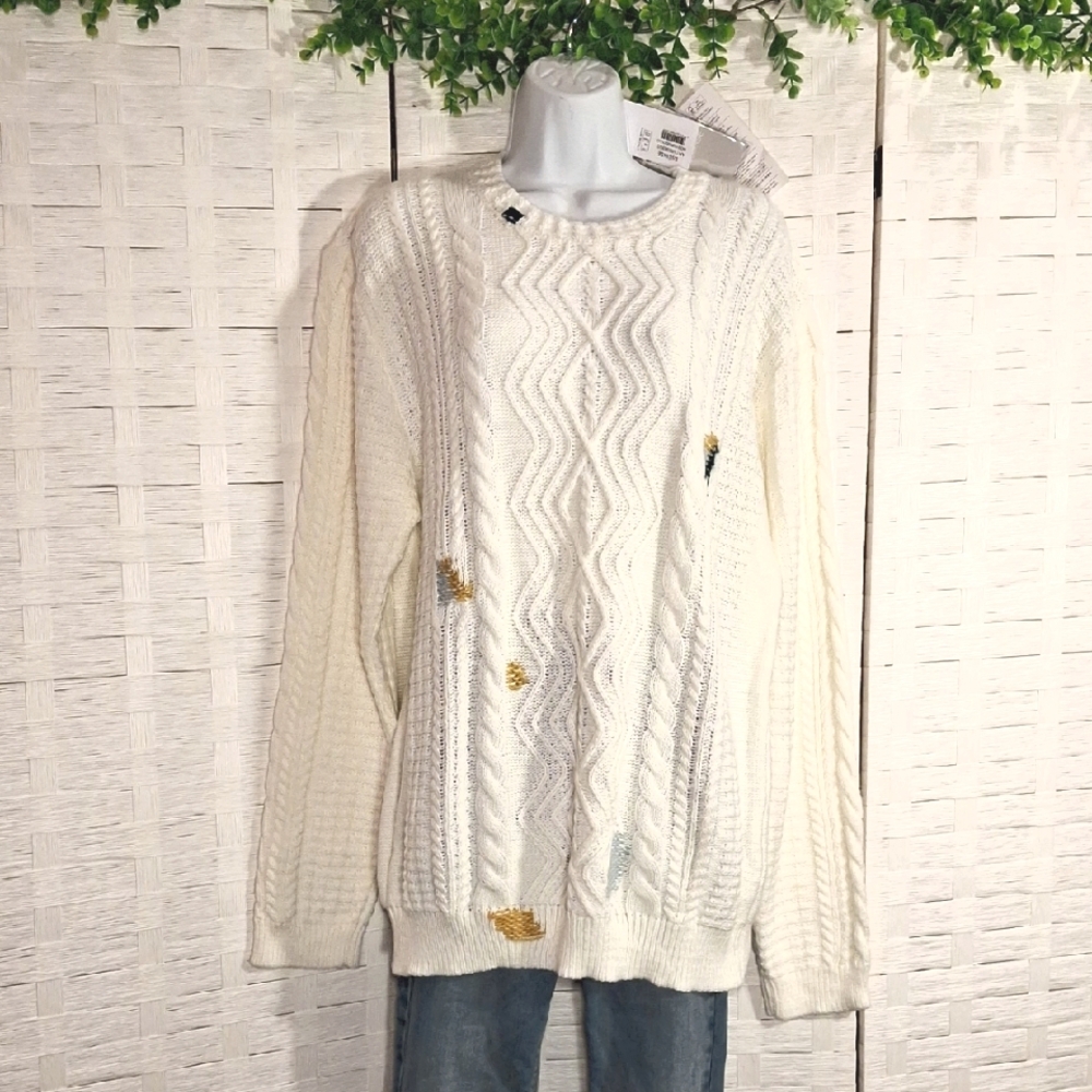 NWT Sseinse Made In Italy Cable Sweater Multicolor Contrast Stitch Detailing